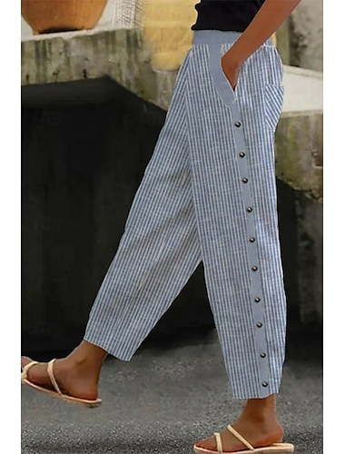  Mujer Pantalones de lino y algodón pantalones Pantalones Clásico Casual Longitud total Cintura Media A Rayas Bolsillo Transpirabilidad Suave Cómodo Microelástico Calle Ropa Cotidiana Celeste Cielo