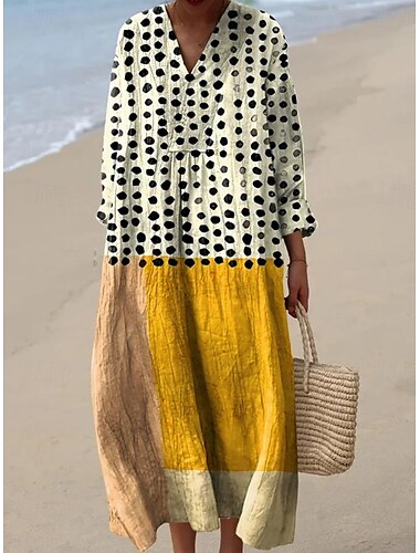  Damen Midikleid Sommerkleid A Linie Kleid Urlaub Lässig Boho Ausgehen Strand Grafik Langarm V Ausschnitt Gelb Rote cremefarben Khaki Sommer Frühling