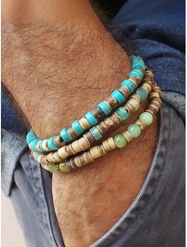  handgjorda naturstenspärlor armband för män – boho surfer stil trä & turkos wrap armband, justerbara tribal smycken för strand, resor och fritidskläder