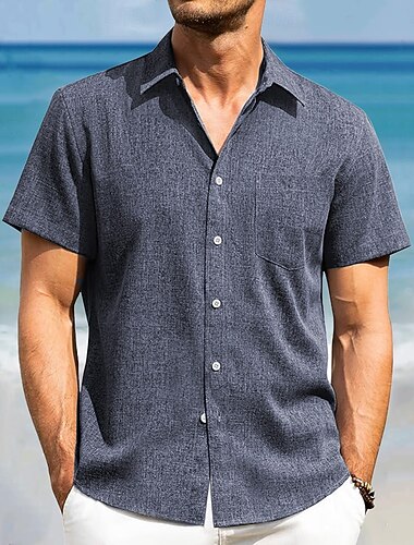  Hombre camisa de lino Camisa de verano Camisa de playa Manga Corta Moda informal Vacaciones Festivos Ropa de playa Verano Primavera Cuello camisas con cuello Un bolsillo delantero Azul Marino Oscuro