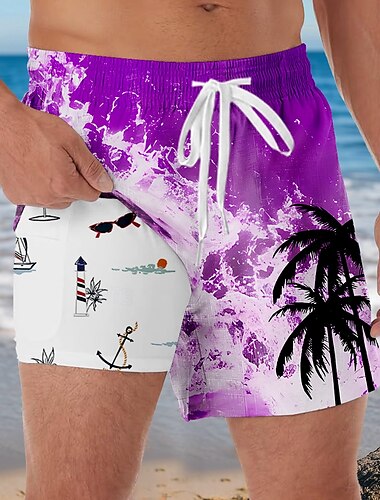  Herren Kokospalme Ozean Tropisch Gefütterte Shorts 2 in 1 Badeshorts Badeshorts Mittlere Taille Hawaiianisch Urlaub Strandbekleidung Seitentaschen Mit Kompressionsfutter Elastischer Kordelzug in der
