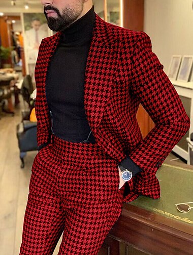  Pour des hommes Mariage Costume Noir Rouge Mode Entreprise Plaid Coupe Sur-Mesure Ensemble 2 pièces Droit un bouton