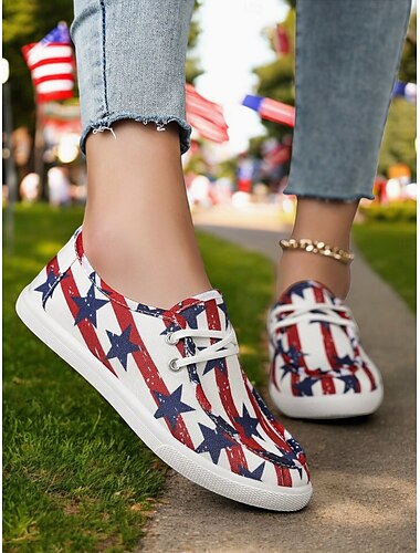  Baskets en toile à motif drapeau américain pour femmes – Chaussures décontractées à lacets patriotiques pour le 4 juillet, les voyages et le quotidien