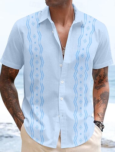  Men's Geometric Shirt Guayabera Shirt Button Up Shirt Short Sleeve Fashion Casual Vacation Dailywear Beach Wear Summer Spring Turndown 3D Print Collared Shirts Front One Pocket White Blue Green Gray