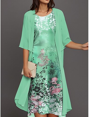  Damen Abschlusskleid Midi Kleid Kleid Set Sommer Kleid Party Cocktail Blumenmuster Halbarm Rundhalsausschnitt Hochzeitsgast Alltag Rosa Blau Lila Sommer Frühling Lockere Passform