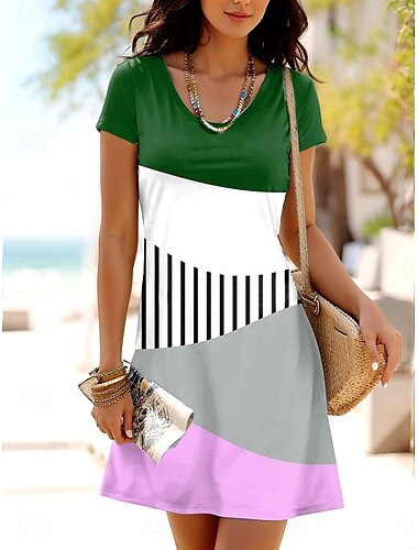  Damen Minikleid T-Shirt-Kleid A Linie Kleid Sommerkleid Lässig Täglich Normale Passform Grafik Geometrisch Gestreift Kurzarm Rundhalsausschnitt Schwarz Blau Braun Grün Sommer Frühling