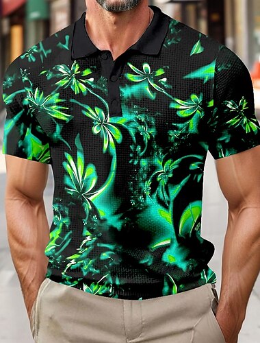  Herren Blumen Waffel-Poloshirts Kurzarm Polo-Shirts Hemden mit Kragen Business-Casual Outdoor Geschäft Athleisure Knöpfe 3D-Druck Sommer Blau Purpur Grün