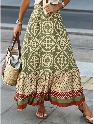  Kvinnors kjol Maxi kjol A-linje sväng bohemisk etnisk avslappnad maxi hög midja kjolar blommigt mönster mikro-elastisk semester gata svart ljusgrön blå lila sommar polyester