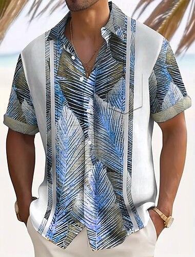  Herren Gestreift Palmblatt Tropische Pflanzen Hawaiihemd Sommerhemd Knopfhemd Kurzarm Hawaiianisch Resort Urlaub Festtage Strandbekleidung Sommer Frühling Umlegekragen Hemden mit Kragen Eine Tasche