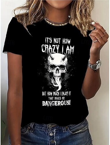  Damen T Shirt Sommeroberteile Schädel Buchstabe Klassisch Lässig Kurzarm Rundhalsausschnitt Crop Tops Täglich Wochenende Druck Schwarz Sommer Frühling Herbst