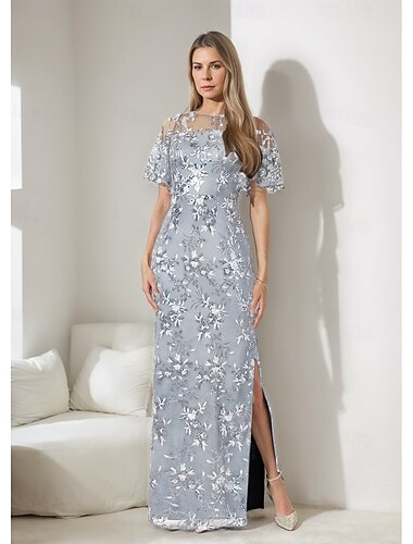  Vestido A-Line Vestido da Mãe da Noiva Vestido Elegante Decote Ilusion Comprimento de Chão com Lantejoulas Chiffon Esticável Manga Curta com Bordado de Renda Cor Sólida