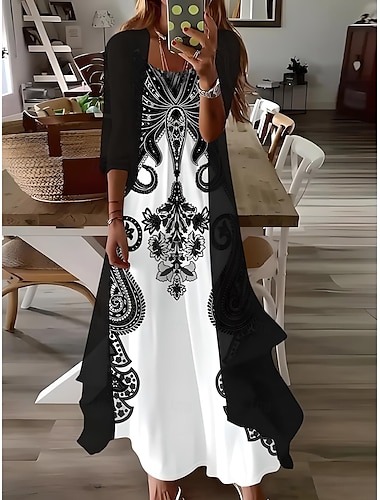  Dames Maxi Jurk 2 Delen Jurk Set Zomerjurk Slip Dress Vakantie Formeel Boho Vakantie Losse Pasvorm Graphic Paisley 3/4 Lengte Mouw Band V Hals Zwart Zomer Lente