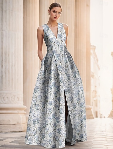  Jacquardblaues A-Linien-Abendkleid mit Blumenmuster, elegantes Kleid für formelle Hochzeiten, bodenlang, ärmellos, V-Ausschnitt, Nylon mit Schlitztasche, 2025
