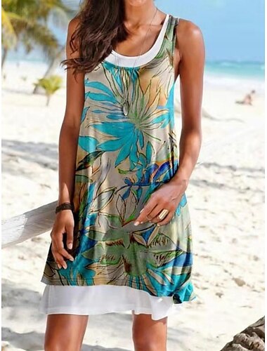 Damen Minikleid T-Shirt-Kleid Sommerkleid A Linie Kleid Urlaub Lässig Strand Täglich Normale Passform Blumen Grafik Ärmellos U-Ausschnitt Gelb Marineblau Blau Dunkelblau Sommer