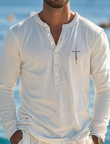  Herren Druck Kreuz T Shirt Henley Hemd Langarm Designer Retro Vintage Lässig Straße Lässig Täglich Sommer Frühling Herbst Weiß Rosa Blau Henley Henley T-Shirt