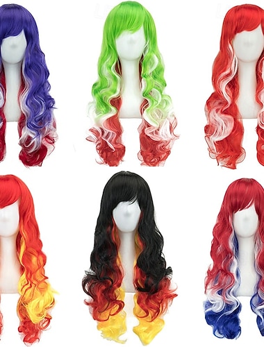  Perruque de carnaval 2026 Multicolore Ondulé Tissage bouclé 28 pouces Perruque synthétique de festival Mardi Gras Parade Coiffure de costume de cosplay pour Femmes