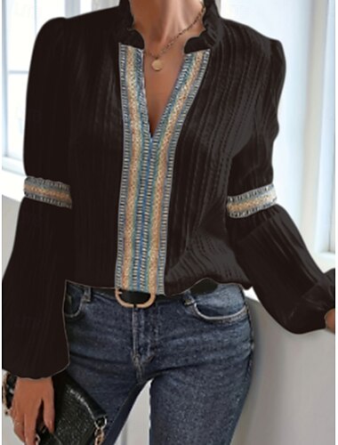  Damen-Bluse Grafik elegant süß stilvoll Langarm V-Ausschnitt reguläre Oberteile tägliche Urlaub Patchwork Schwarz Himmelblau Grün Aprikose Sommer Frühling