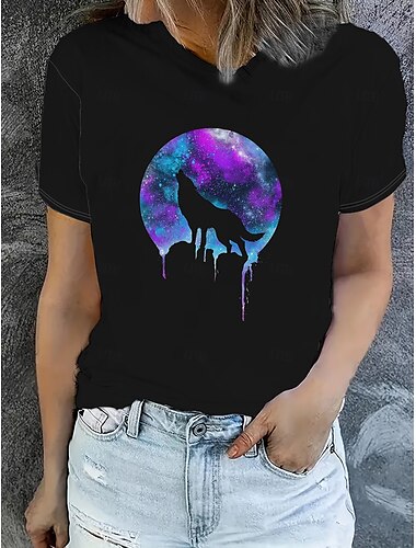  Women's T Shirt Summer Tops Animal Moon Classic Casual Short Sleeve Crew Neck Crop Tops Daily Weekend Print Black Summer Spring Fall