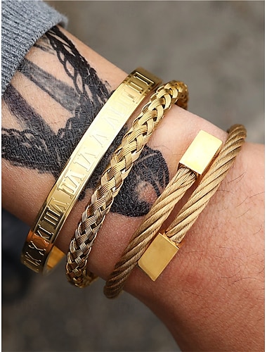  heren gouden roestvrijstalen armbandset - Romeinse cijfers, gevlochten en kabeldraad manchetten, stijlvolle stapelbare sieraden voor zakelijke, casual en feestelijke kleding