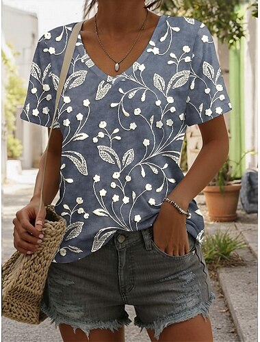  Damen T Shirt Ombre Blumen Grafik Lässig Kurzarm V Ausschnitt Normale Oberteile Täglich Druck Gelb Rote Blau Sommer Frühling