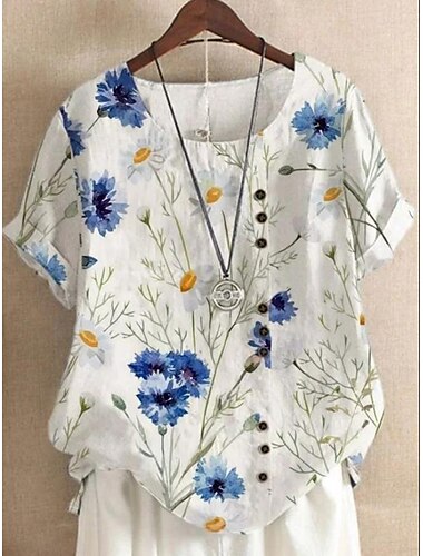  Damen Hemd Bluse Floral Grafik Blatt Elegant Alltag Strand Kurzarm Rundhals Reguläre Tops Tägliche Urlaub Leinenähnliche Druck Marineblau Blaugrün Hellblau Sommer