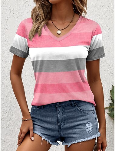  Mujer Camiseta Graphic Geométrico A Rayas Elegante Casual Manga Corta Cuello Barco Tops regulares Diario Estampado Rosa Verano Primavera