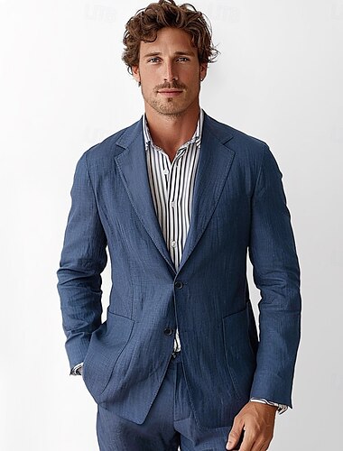  Heren 100% linnen blazer pakken bruiloft jubileum vakantie elegant neutraal lente & herfst katoen linnen effen kleur knopen comfortabel enkelrijs tweeknoops blazer donkergrijs marineblauw