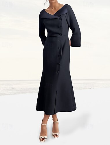  Vestido Blazer A-Line Mãe da Noiva Vestido Smoking Elegante Vintage Simples Decote V Comprimento do Chão Satin Crepe Manga Flare 3/4 com Fendas Botões Cobertos
