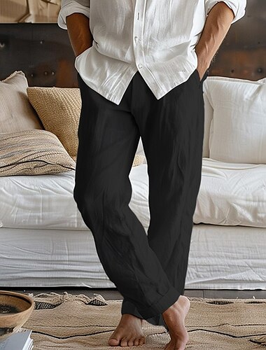  Herren Leinenhosen Hose Sommerhose Strandhose Elastischer Bund Fronttasche Gerader Schnitt Einfach Komfort Atmungsaktiv Volle Länge Heim Yoga Täglich Mode Lässig Schwarz Weiß