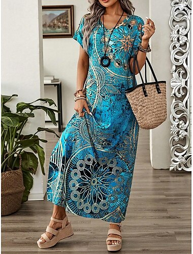  Damen Maxikleid T-Shirt-Kleid Sommerkleid Shiftkleid Bohemien Party Ferien Strand Normale Passform Vintage Böhmische Kurzarm Rundhalsausschnitt Eisblau Sommer Frühling