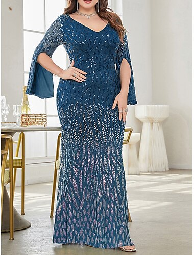  Plus Size Klänning Mor till Bruden Curve Klänning Elegant Fest V-Uttag Golvlängd Spandex Långärmad med Paljetter 2025