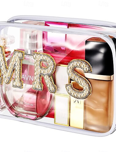  Junggesellenabschied, elegantes Make-up-Taschen-Set aus PVC mit Strasssteinen und Perlenbuchstaben für Braut und Frau für Hochzeiten