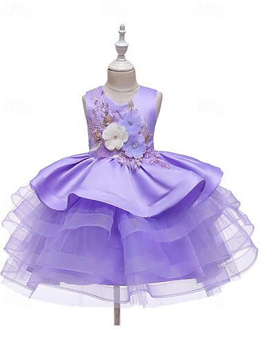  Børn Pige Festkjole Blomst Uden ærmer Ydeevne Fødselsdag Net Smuk Sød Polyester Knælang Festkjole Swing Kjole A Linje Kjole Sommer 4 år + Gul Lyserød Blå