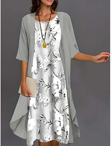  Abschlusskleider Midi Kleid Chiffon Kleid Shift Kleid elegant Urlaub Party Hochzeit Hochzeitsgast täglich lockere Passform floral halblange Ärmel Rundhals pink blau grün grau Sommer Frühling