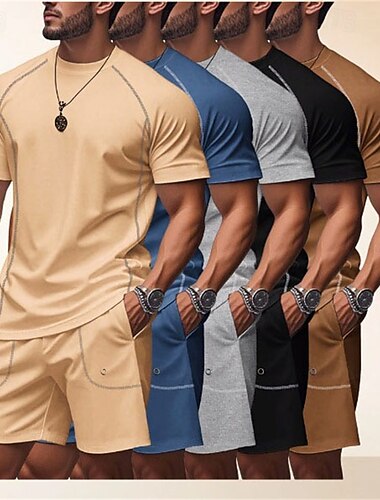  Hombre Tracksuit Camiseta y pantalones cortos Conjunto de atuendo Cuello Barco Exterior Diario Deportes Bolsillo Correa Plano Negro Marrón Gris Ligero Poliéster Ropa de Deporte Ropa de calle Ligeras