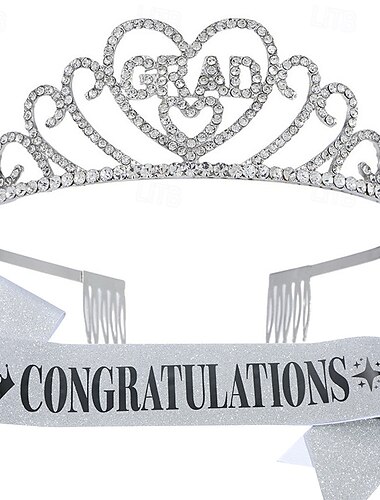  Abschlusskrone und Stola-Schärpen-Set, Zubehör-Set für die Abschlussfeier, Glückwunsch-Schärpe aus glitzerndem Stoff, Kopfschmuck aus Legierung, Tiara und Schärpen-Set für die Abschlussfeier