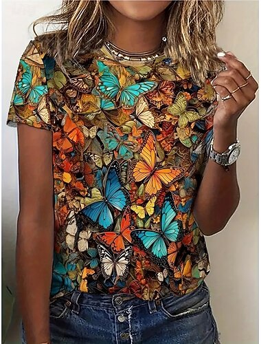  Dame T skjorte Sommertopper Sommerfugl 3D Klassisk Fritid Kortermet Crew-hals Crop Tops Daglig Helg Trykt mønster Regnbue Sommer Vår Høst