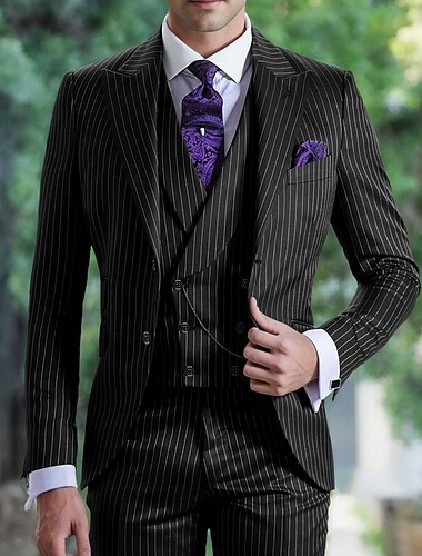  Trajes de Negocios para Hombre Trajes de Regreso a Casa Negro Azul Moda Formal a Rayas Ajuste Estándar 3 Piezas De Dos Botones