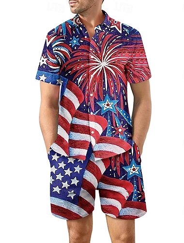  Giorno dell'Indipendenza Americana Per uomo Bandiera Americana 2 pezzi Set di camicie Set Camicia Manica Corta Pantaloni corti Collo ripiegato Casual All'aperto Casuale Quotidiano Stampa 3D Estate