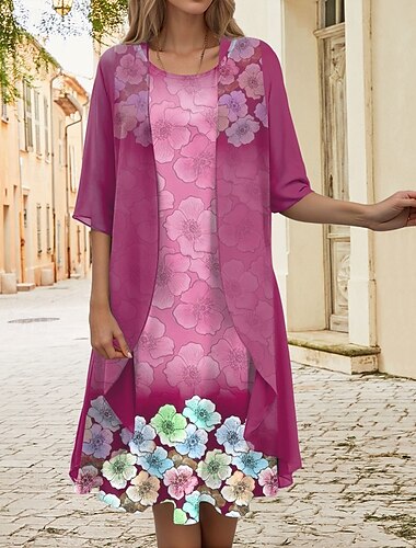  Abschlusskleid für Frauen Midi-Kleid 2-teiliges Kleid Set A-Linie Kleid Urlaub Lässig Floral Grafik Druck Halbe Ärmel Rundhalsausschnitt Alltag Pink Blau Grün Sommer Frühling Lockere Passform