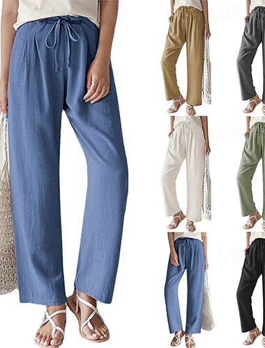  Femmes Pantalon en coton et lin Slacks Mode Streetwear Longueur complète Naturel Uni Avec Poches Taille Élastique Confortable Extérieur Rue Sortir Gris Noir Blanche Bleu Été Coupe régulière