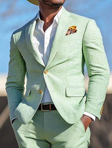  De los hombres Boda Fiesta Trajes de Lino Azul cielo Salvia Moda Casual Color sólido Estándar Juego de 2 piezas Recto 2 botones