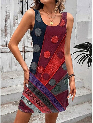  Women's Mini Dress A Line Dress Summer Dress Off The Shoulder Dress Vacation Daily Loose Fit Graphic Tribal Sleeveless U Neck Red Summer Spring