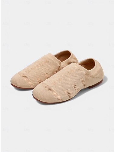  beige gestrickte Jazztanzschuhe für Damen – leichte, atmungsaktive Slip-On-Sneaker für professionelles Training