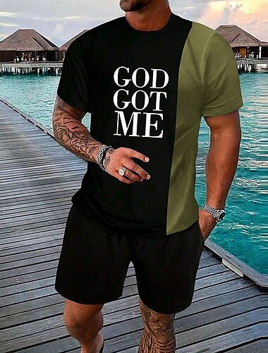  Herren Text / Nummer 2St T-Shirts-Sets Sommeroberteile Kurzarm Kurze Hosen Rundhalsausschnitt Sport Lässig Outdoor Sport Täglich 3D-Druck Sommer Grau Grün Braun