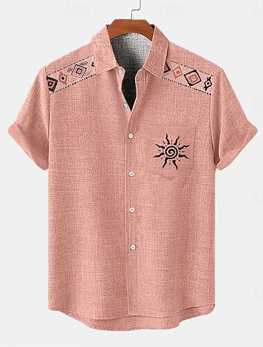 Herren Hemd leinenhemd Sommerhemd Strandhemd Urlaub Ferien Rosa Blau Braun Grün Kurzarm Kragen Sommer Bekleidung