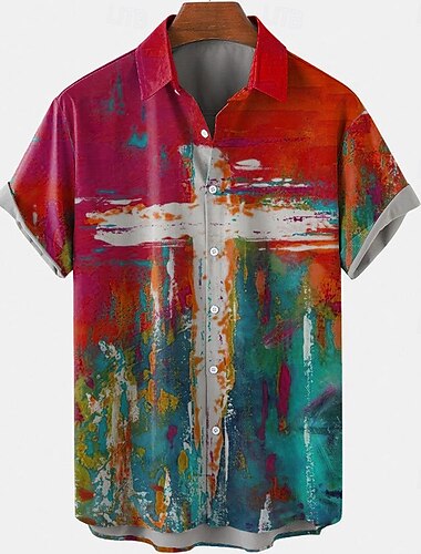  Ostern Herren Templer Kreuz Hemd Freizeithemd Knopfhemd Kurzarm Vintage-Retro Urlaub Ferien Festival Sommer Frühling Umlegekragen 3D-Druck Hemden mit Kragen Rote Blau Orange