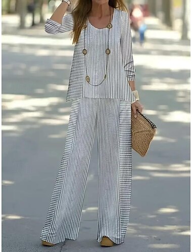  Ensemble de 2 Pièces Basique Néo  Brillant Chemise Blouse Lin Comme Manches 3/4 Col V Imprimé Rayé Décontracté Gris Été Coupe Régulière