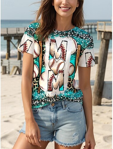  母の日 女性用 Tシャツ お母さん グラフィック レオパード スタイリッシュ カジュアル 半袖 ラウンドネック レギュラートップス 日常 週末 プリント ブルー 夏 春