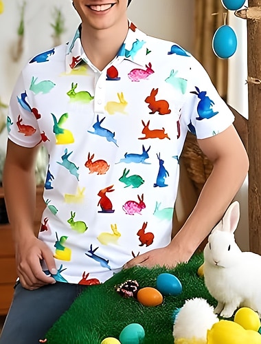  Påske Herre Kanin Polo Kortermet Poloskjorter Skjorter med krage Årgang Fritid utendørs Dagligdagstøy Festivalantrekk 3D-utskrift Sommer Vår Høst Hvit
